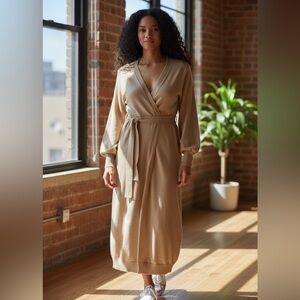 Exlura Knit Wrap Sweater Dress | Tie Waist | Neutral Beige | Size S